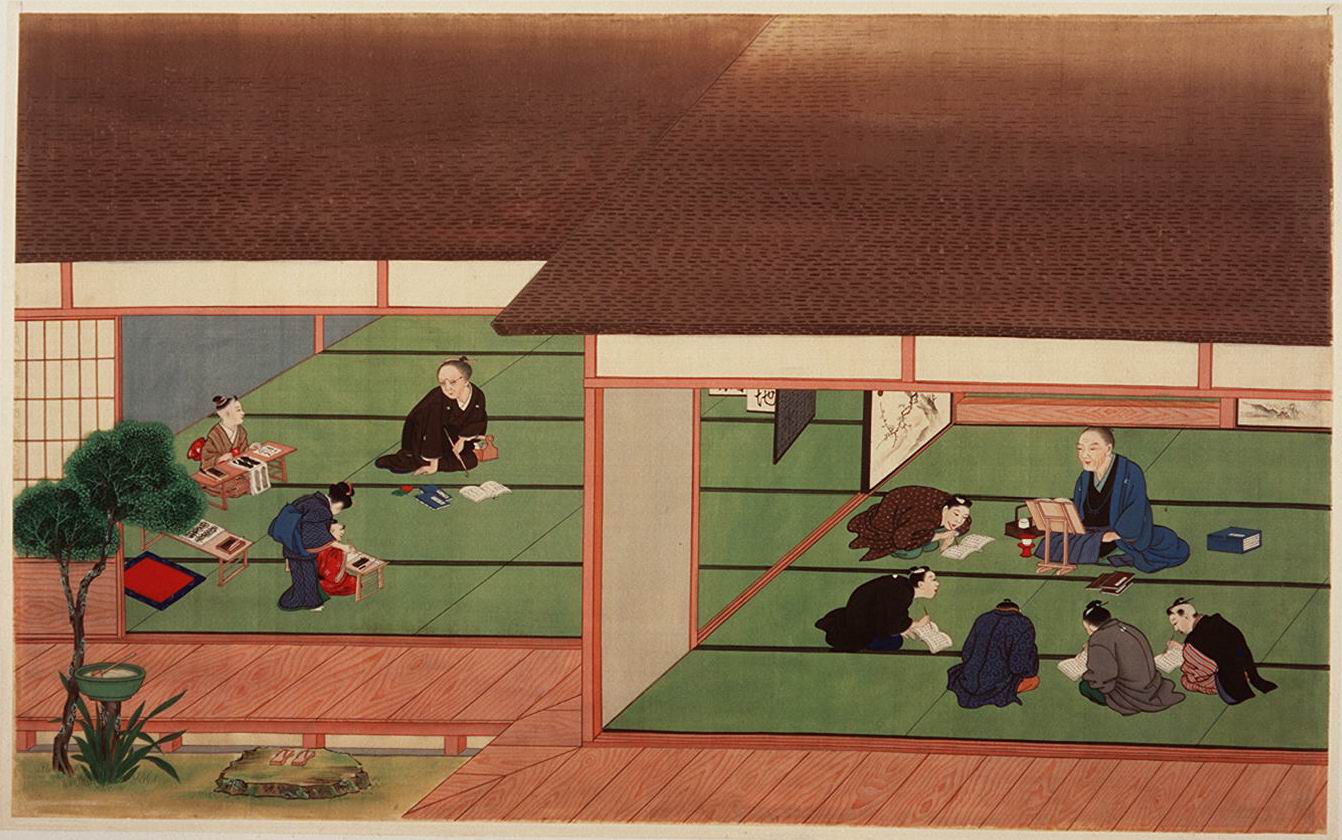 Zomerse lesdag op privé-school. Jongens en meisjes apart, maar in verbonden vertrekken. Prent uit het Atelier van Kawahara Keiga, jaren 1820.