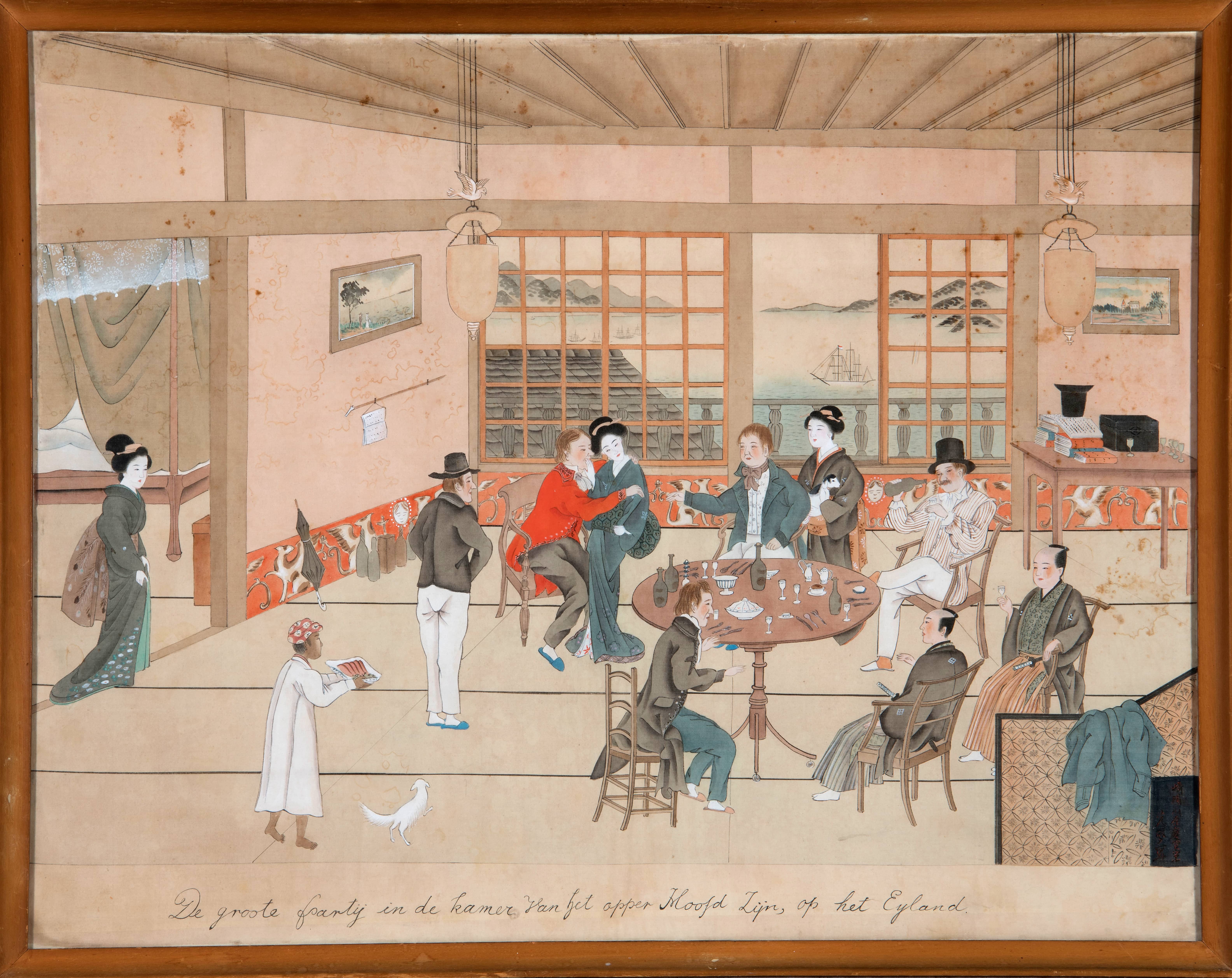De Groote Partij in de kamer van het opper Hoofd Zijn, op het Eyland. Naar een origineel uit 1825 van Kawahara Keiga (1784-c.1860).