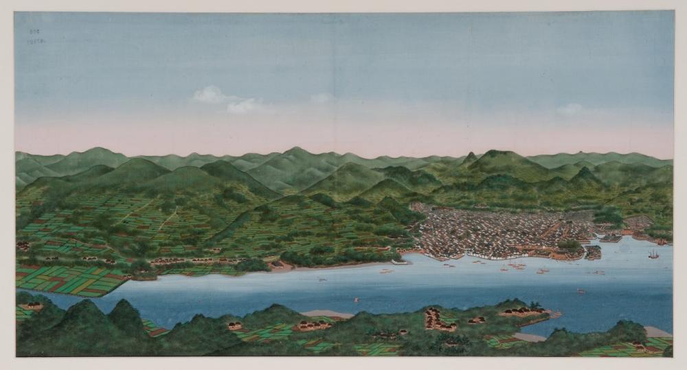 Panorama van de baai van Nagasaki (detail), met rechts Deshima, Kawahara Keiga, jaren 1820, inv. no. RV-360-7891